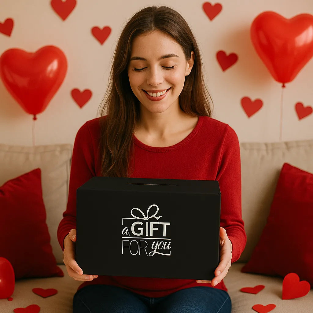 Vrouw in rode trui glimlacht terwijl ze een zwarte cadeaudoos met de tekst ‘A gift for you’ vasthoudt, omringd door rode hartballonnen en kussens in valentijnssfeer.