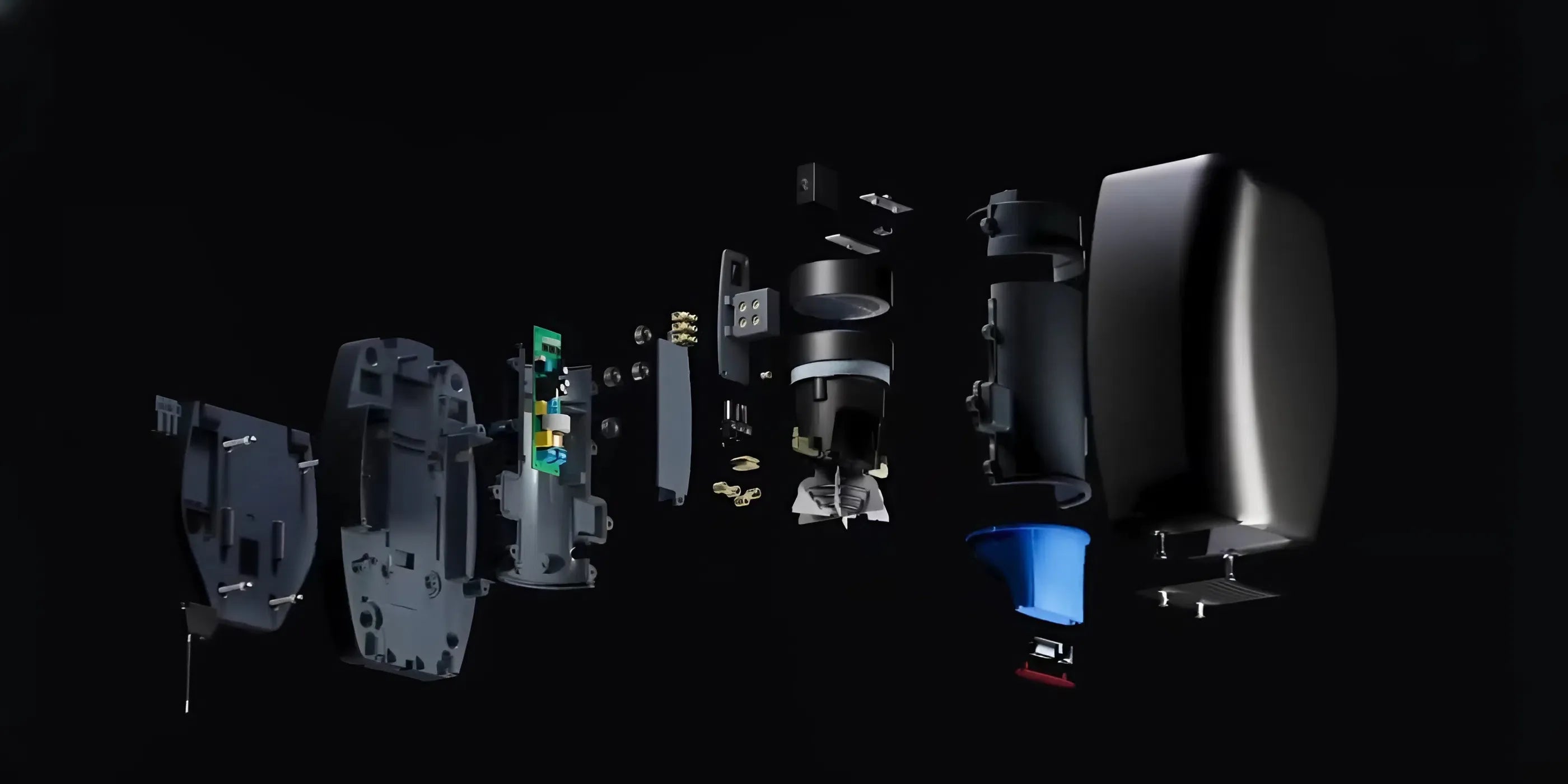 exploded view van rvs handdroger met interne onderdelen en motor