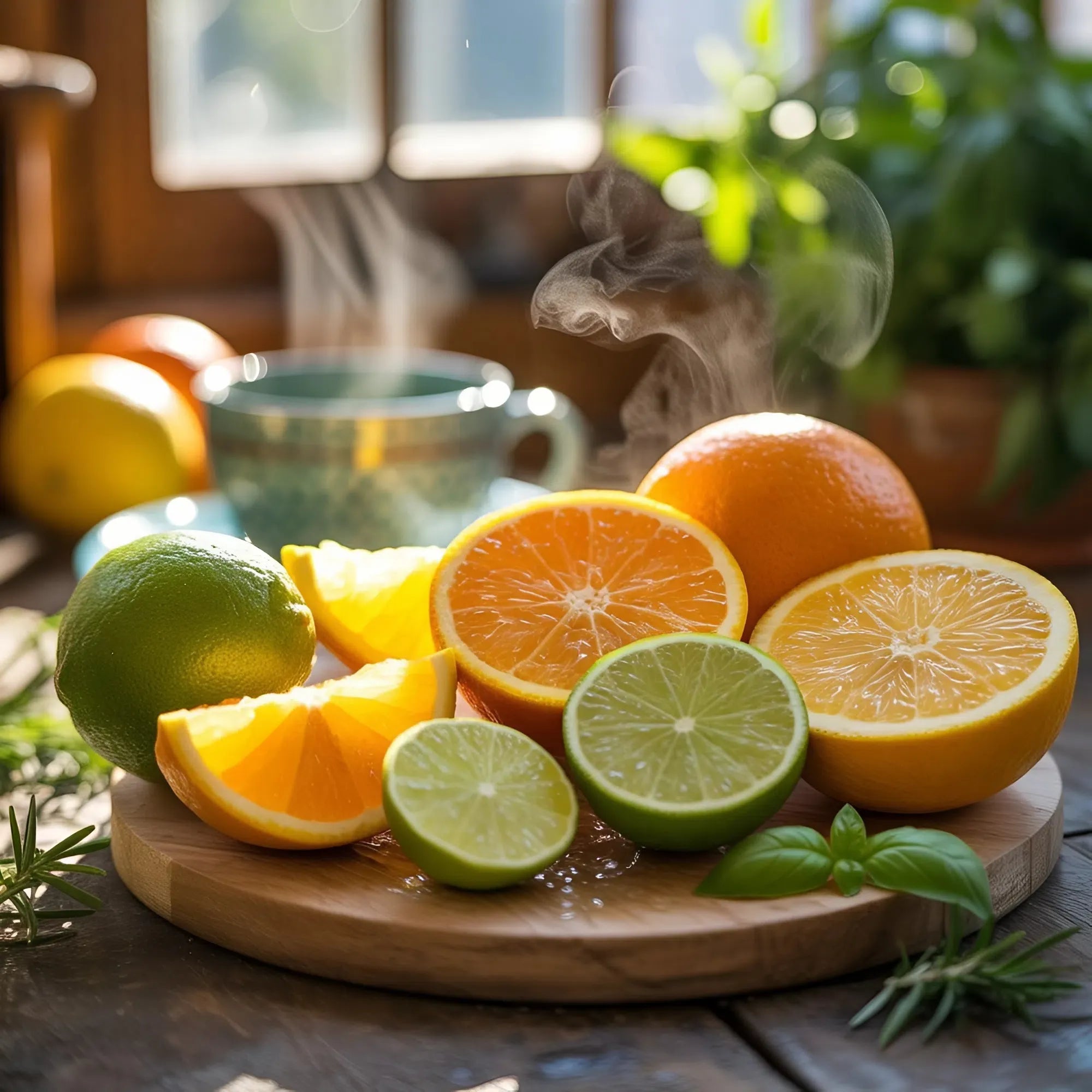 verse sinaasappel, citroen en limoen op houten plank met stoom op de achtergrond - frisse citrus sfeer voor een wellnessbeleving