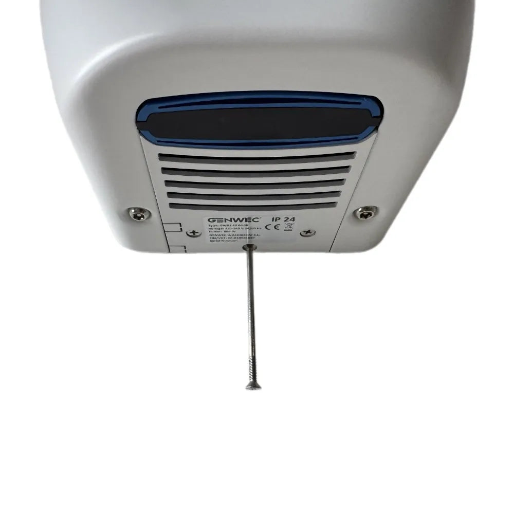 handdroger onderzijde met beveiligde bevestigingsschroef en luchtuitlaat