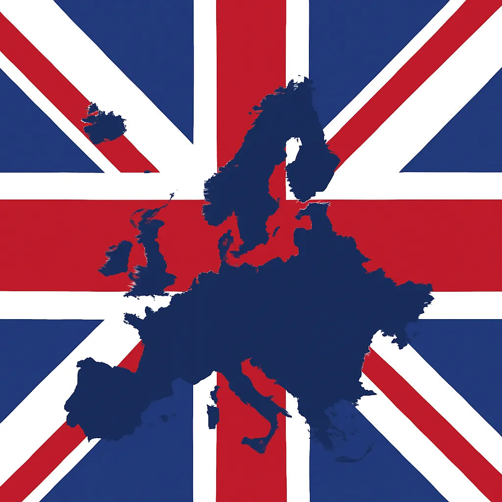 Een donkerblauw silhouet van het Europese continent geplaatst over de Britse vlag (Union Jack), als symbolische grafische compositie.